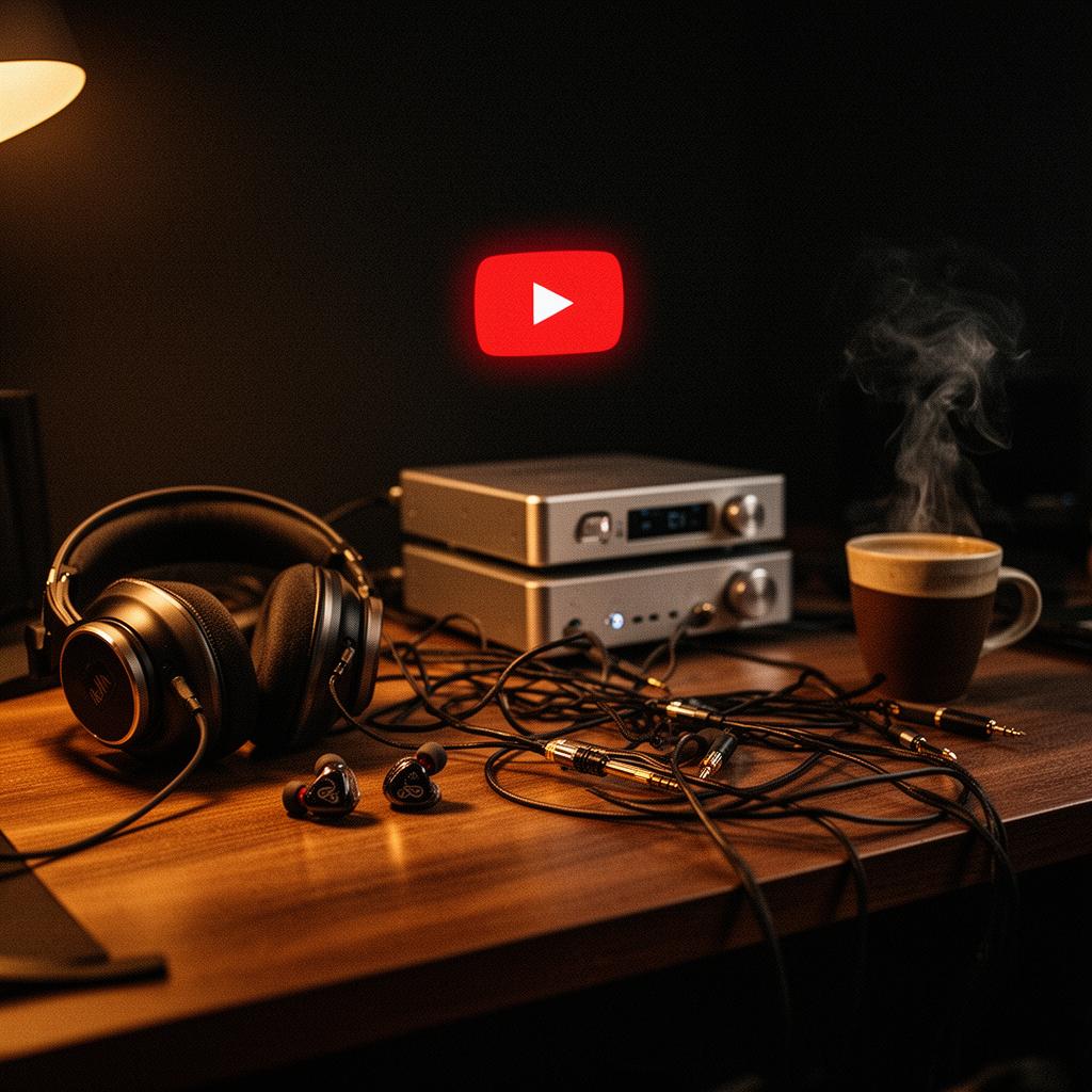 Warm dimly lit audiophile desk with headphones, IEMs, DACs, cables and coffee